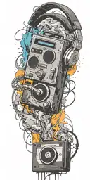 frozen audio cassette tape, headphones, guitar thunder storm  tattoo design idea