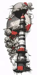 lighthouse and hot air balloon being destroyed in a tornado  tattoo design idea