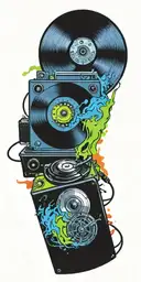 rock music record player, concert speakers, old school dial phone tornado  tattoo design idea