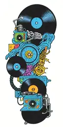 rock music record player, concert speakers, old school dial phone tornado  tattoo design idea