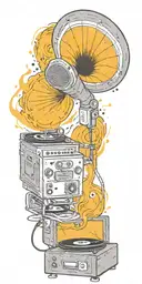 tornado of rock music record player, concert speakers, microphone  tattoo design idea