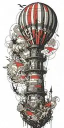hot air balloon and lighthouse in a tornado never give up tattoo design idea