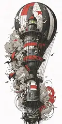 hot air balloon and lighthouse in a tornado never give up tattoo design idea