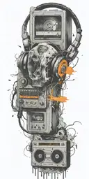 frozen audio cassette tape, headphones, guitar thunder storm  tattoo design idea
