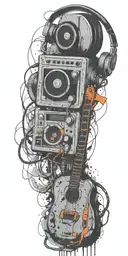 frozen audio cassette tape, headphones, guitar thunder storm  tattoo design idea