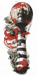 lighthouse and a hot air balloon in a tornado  tattoo design idea