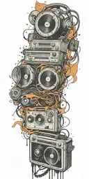 opened can of guitar, record player, cassette tape headphones in a bomb explosion  tattoo design idea