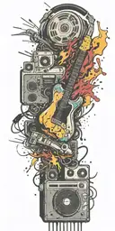 opened can of guitar, record player, cassette tape headphones in a bomb explosion  tattoo design idea