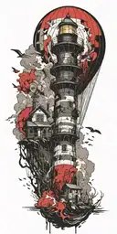 lighthouse being rescued by a hot air balloon in a tornado  tattoo design idea
