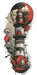 lighthouse being rescued by a hot air balloon in a tornado  tattoo design idea