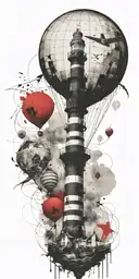 shipwreck hot air balloons and lighthouse tattoo design idea