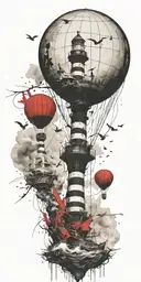 shipwreck hot air balloons and lighthouse tattoo design idea