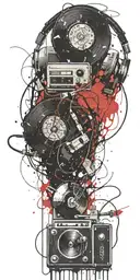 record player, headphones, guitar thunder storm  tattoo design idea
