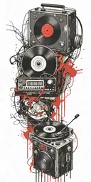 record player, headphones, guitar thunder storm  tattoo design idea