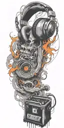 record player playing, guitar playing , headphones  in a tornado tattoo design idea