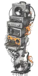 record player playing, guitar playing , headphones  in a tornado tattoo design idea