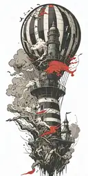 hot air balloon and lighthouse in a tornado never give up tattoo design idea