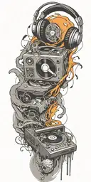record player playing, headphones, and guitar in a tornado tattoo design idea