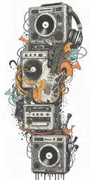 opened can of guitar, record player, cassette tape headphones dancing together  tattoo design idea