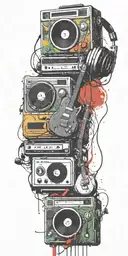 opened can of guitar, record player, cassette tape headphones dancing together  tattoo design idea