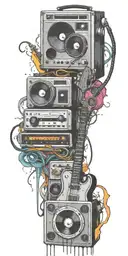opened can of guitar, record player, cassette tape headphones twisted toget tattoo design idea