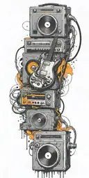 opened can of guitar, record player, cassette tape headphones twisted toget tattoo design idea