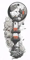 never give up air balloon, lighthouse, and pirateship in a hurricane   tattoo design idea