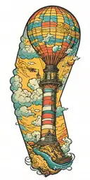 hot air balloon and a lighthouse in hurricane  tattoo design idea