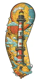 hot air balloon and a lighthouse in hurricane  tattoo design idea