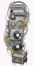 record player, headphones, guitar thunder storm  tattoo design idea