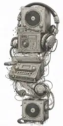 record player, headphones, guitar thunder storm  tattoo design idea