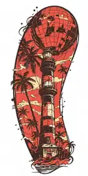 light house beach scene with palm trees and hot air balloons  tattoo design idea