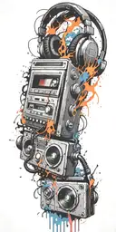 cassette tape, headphones, guitar bomb exploding tattoo design idea
