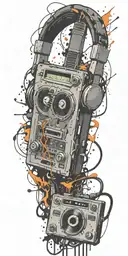 cassette tape, headphones, guitar bomb exploding tattoo design idea