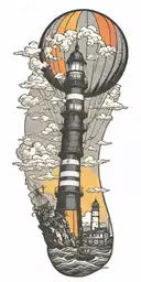 hot air balloon and a lighthouse in hurricane  tattoo design idea