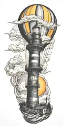 hot air balloon and a lighthouse in hurricane  tattoo design idea