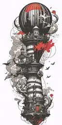 hot air balloon and lighthouse in a tornado never give up tattoo design idea
