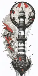 light house hot air balloon and shipwreck scene tattoo design idea