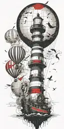 light house hot air balloon and shipwreck scene tattoo design idea