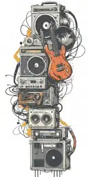 opened can of guitar, record player, cassette tape headphones dancing together  tattoo design idea