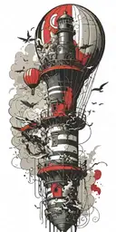 hot air balloon and lighthouse in a tornado never give up tattoo design idea