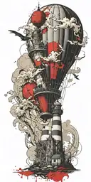 hot air balloon and lighthouse in a tornado never give up tattoo design idea