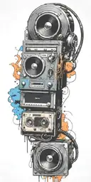 blues guitar, record player, cassette tape headphones  in a tornado tattoo design idea