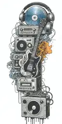 blues guitar, record player, cassette tape headphones  in a tornado tattoo design idea