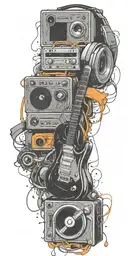 opened can of guitar, record player, cassette tape headphones twisted toget tattoo design idea