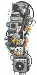 opened can of guitar, record player, cassette tape headphones twisted toget tattoo design idea