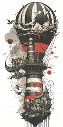 hot air balloon and lighthouse in a tornado never give up tattoo design idea