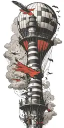 hot air balloon and lighthouse in a tornado never give up tattoo design idea