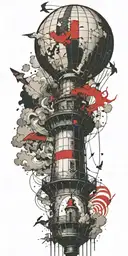 hot air balloon and lighthouse in a tornado never give up tattoo design idea