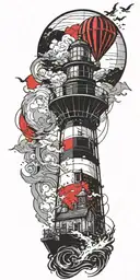 lighthouse and a hot air balloon in a tornado  tattoo design idea